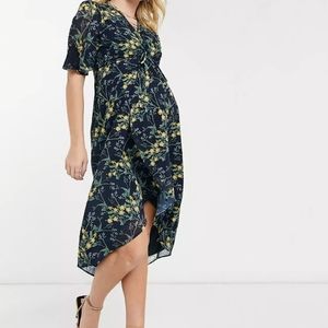 Hope & Ivy Maternity Kimono Knot Front Midi Dress In Navy Floral 14